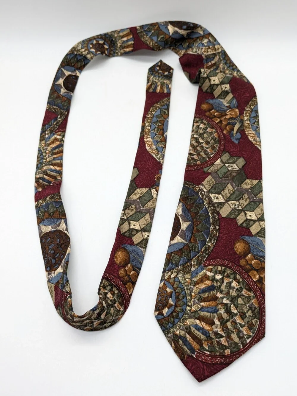 Vintage Structure Maroon Blue Tan Abstract Geometric Silk Mens Tie